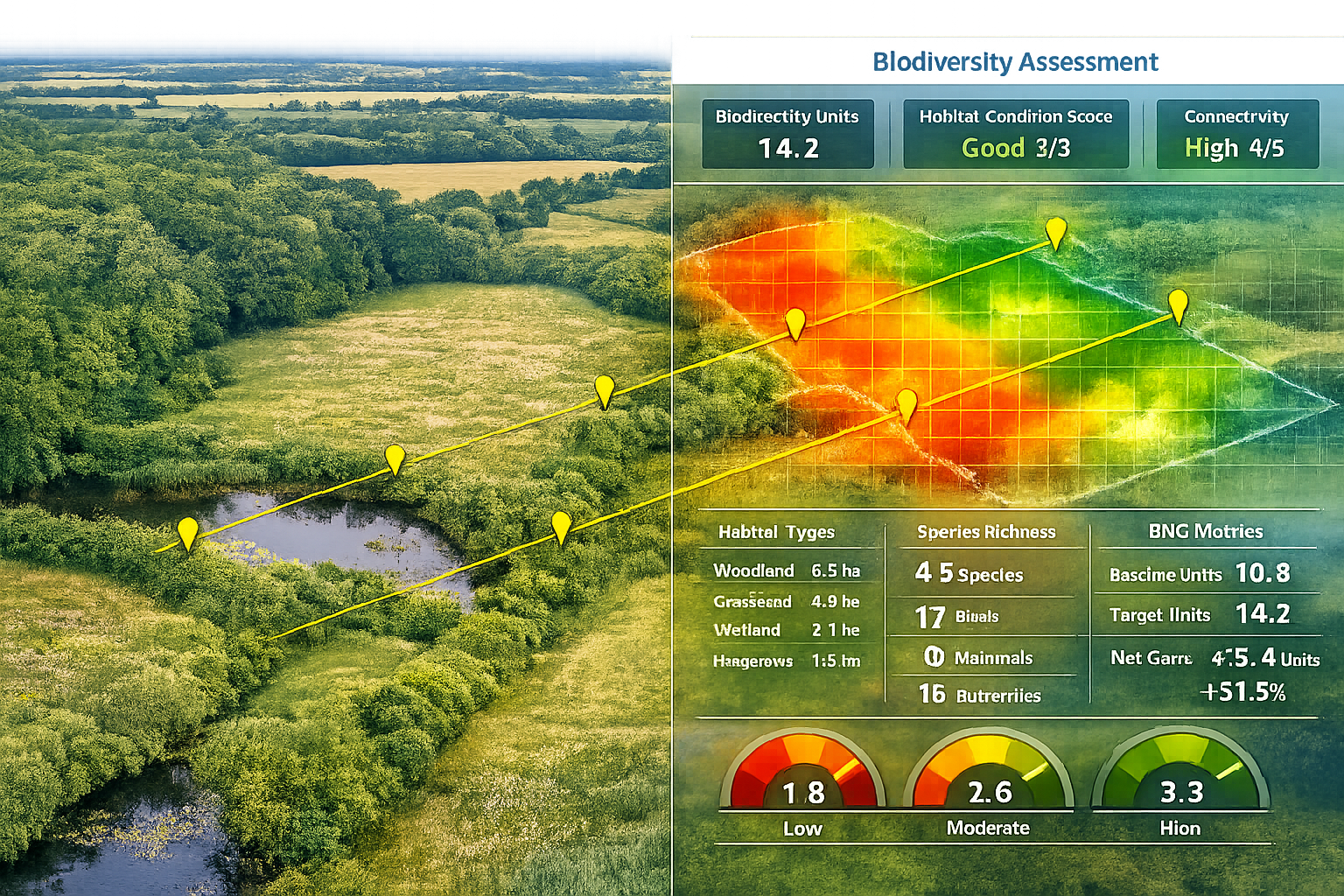 Detailed () image depicting aerial drone perspective over diverse UK habitat mosaic showing distinct ecological zones: