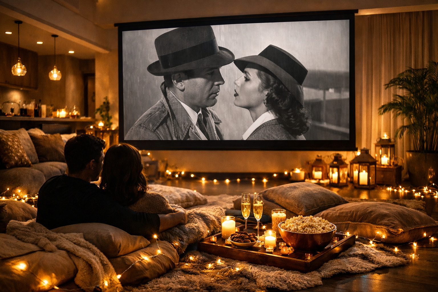 A visually stunning () image depicting an elegantly set up 'cozy movie night' theme within a spacious, comfortable floor