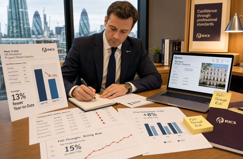 Wide-angle editorial photograph of a RICS chartered surveyor at a desk in a modern London office, surrounded by printed Week