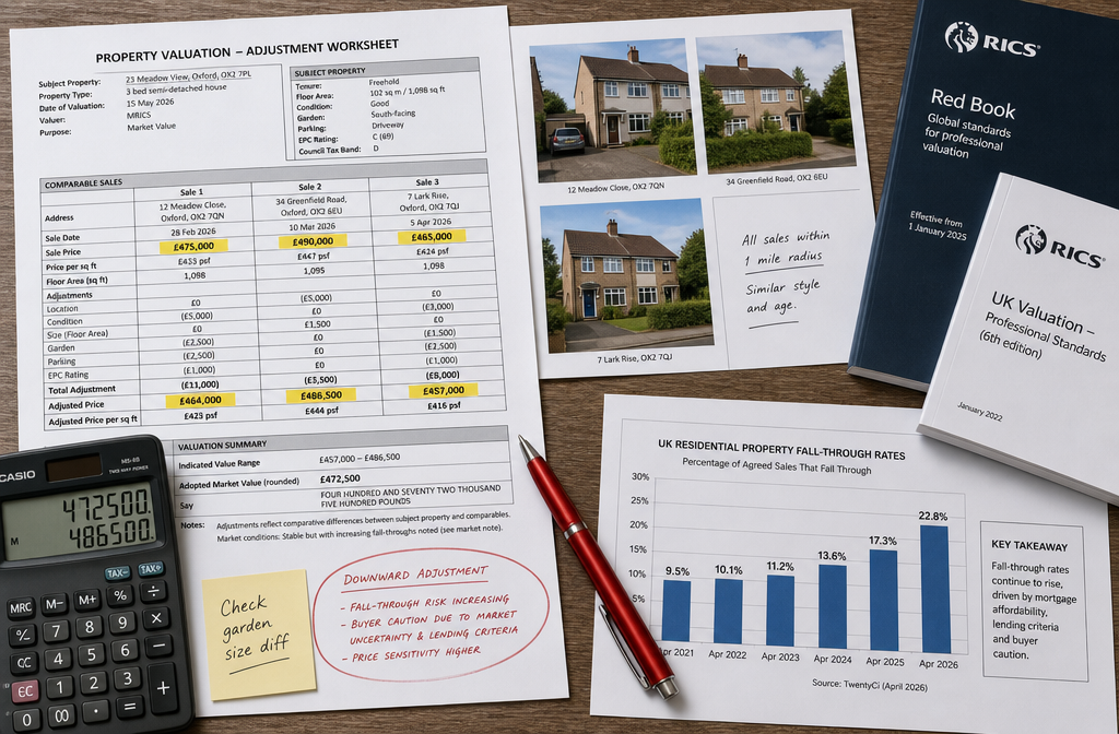 Overhead flat-lay composition showing a UK property valuation adjustment worksheet on a wooden desk, with highlighted