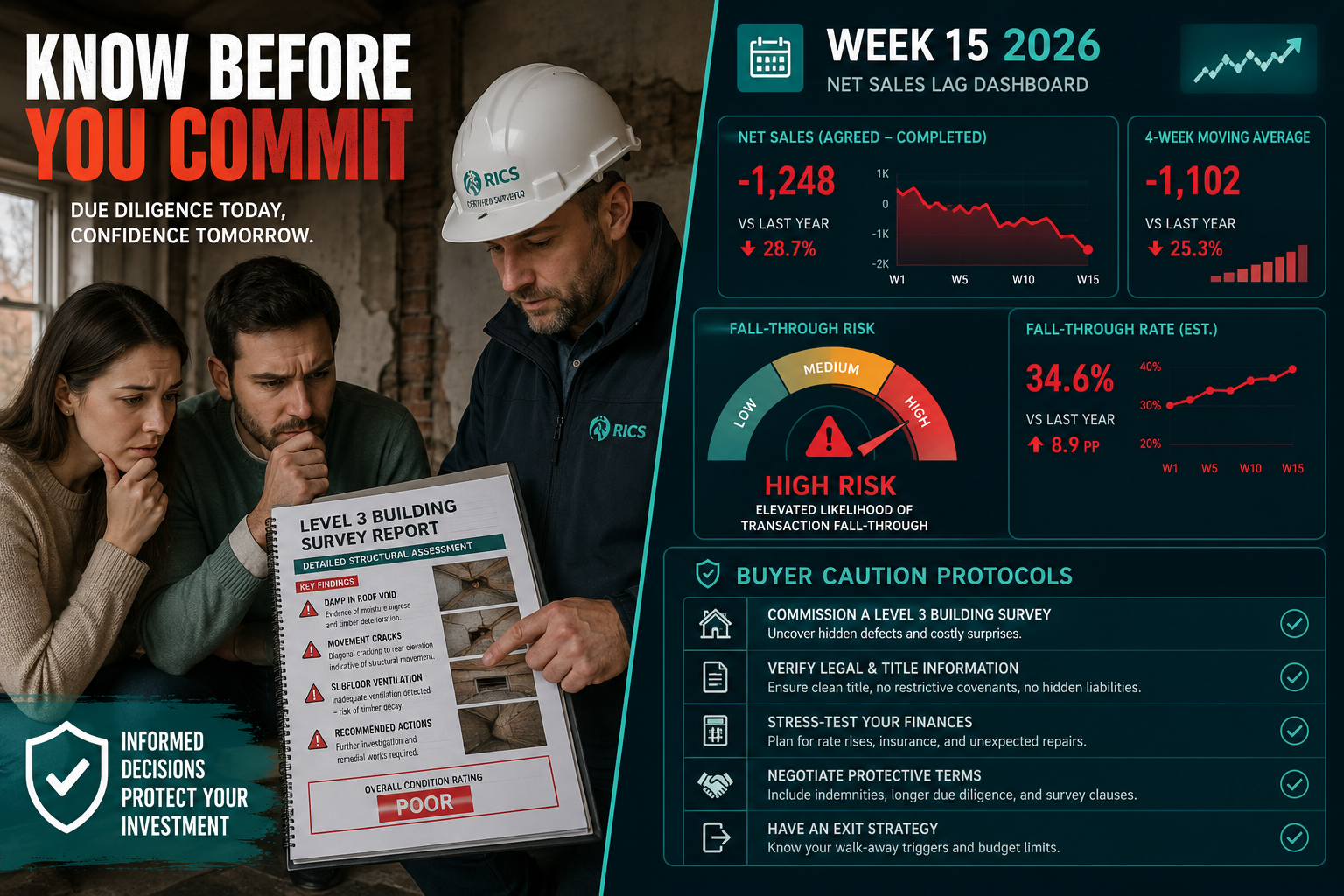Split-screen infographic style image: left side shows a cautious homebuyer couple reviewing a Level 3 building survey report