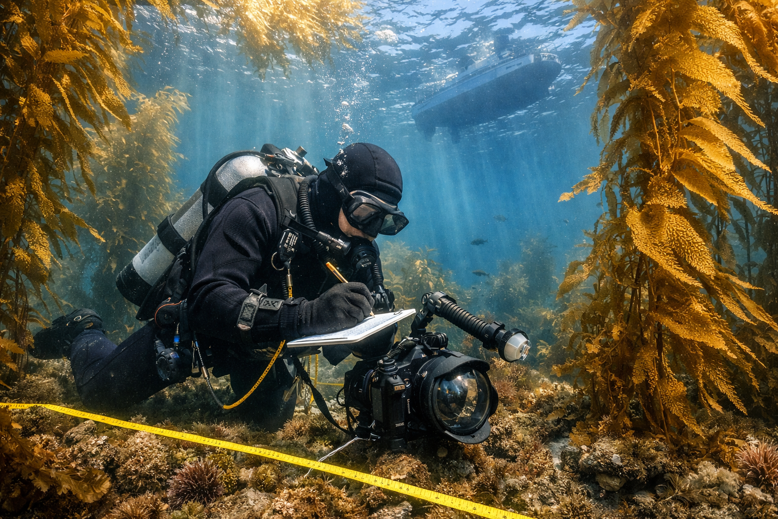 () editorial image showing scientific diver in professional gear conducting underwater kelp forest survey with measurement