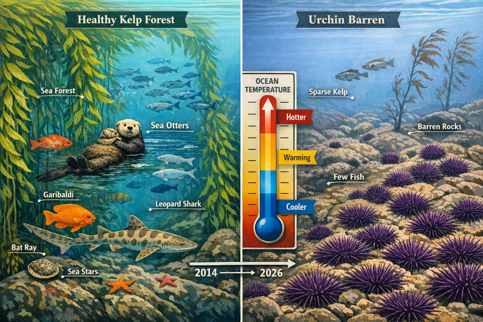 () split-screen comparison infographic showing healthy kelp forest ecosystem on left with diverse marine species including