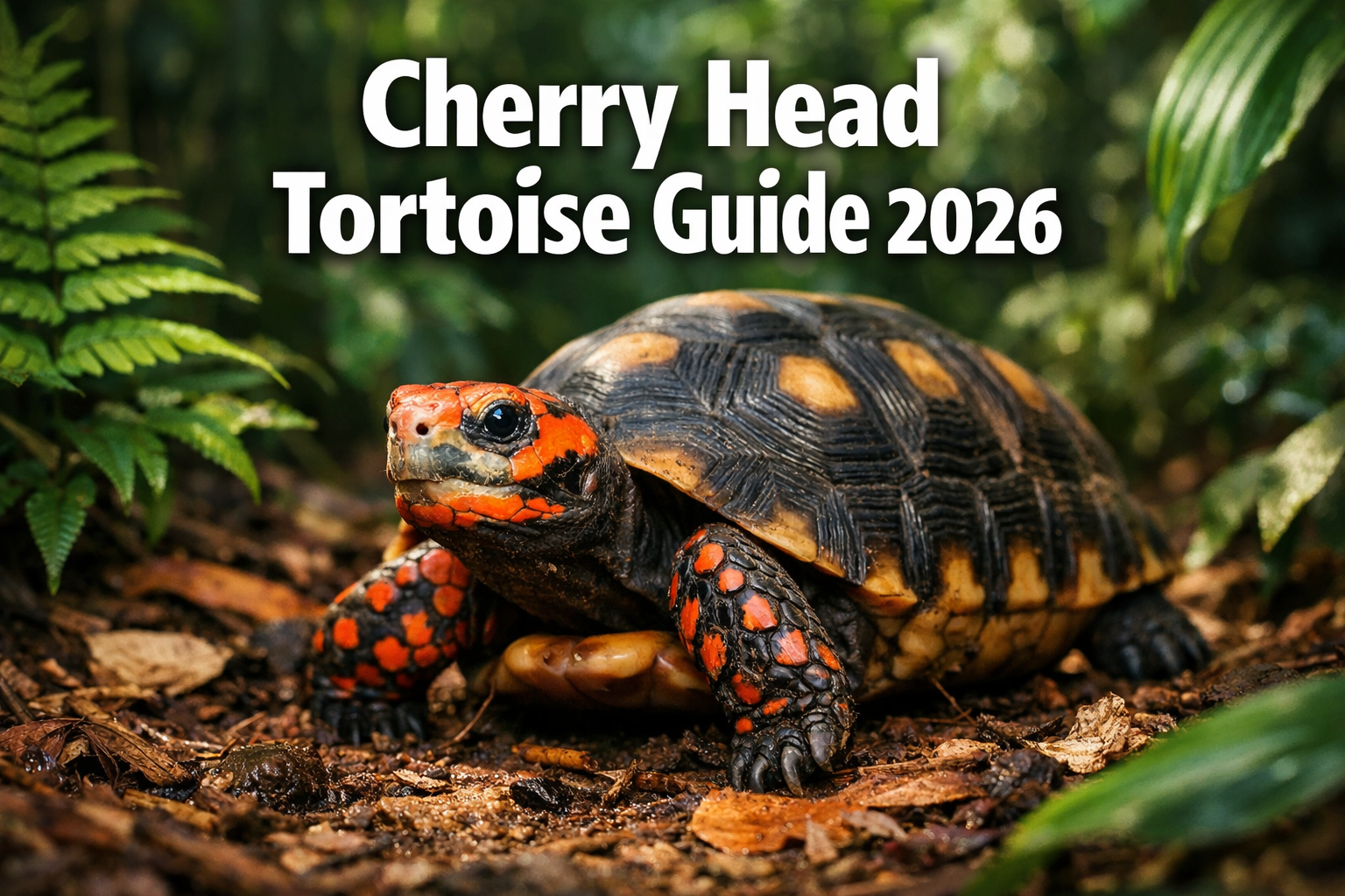 Professional landscape hero image (1536x1024) featuring bold text overlay 'Cherry Head Tortoise Guide 2026' in extra large 70pt white sans-s