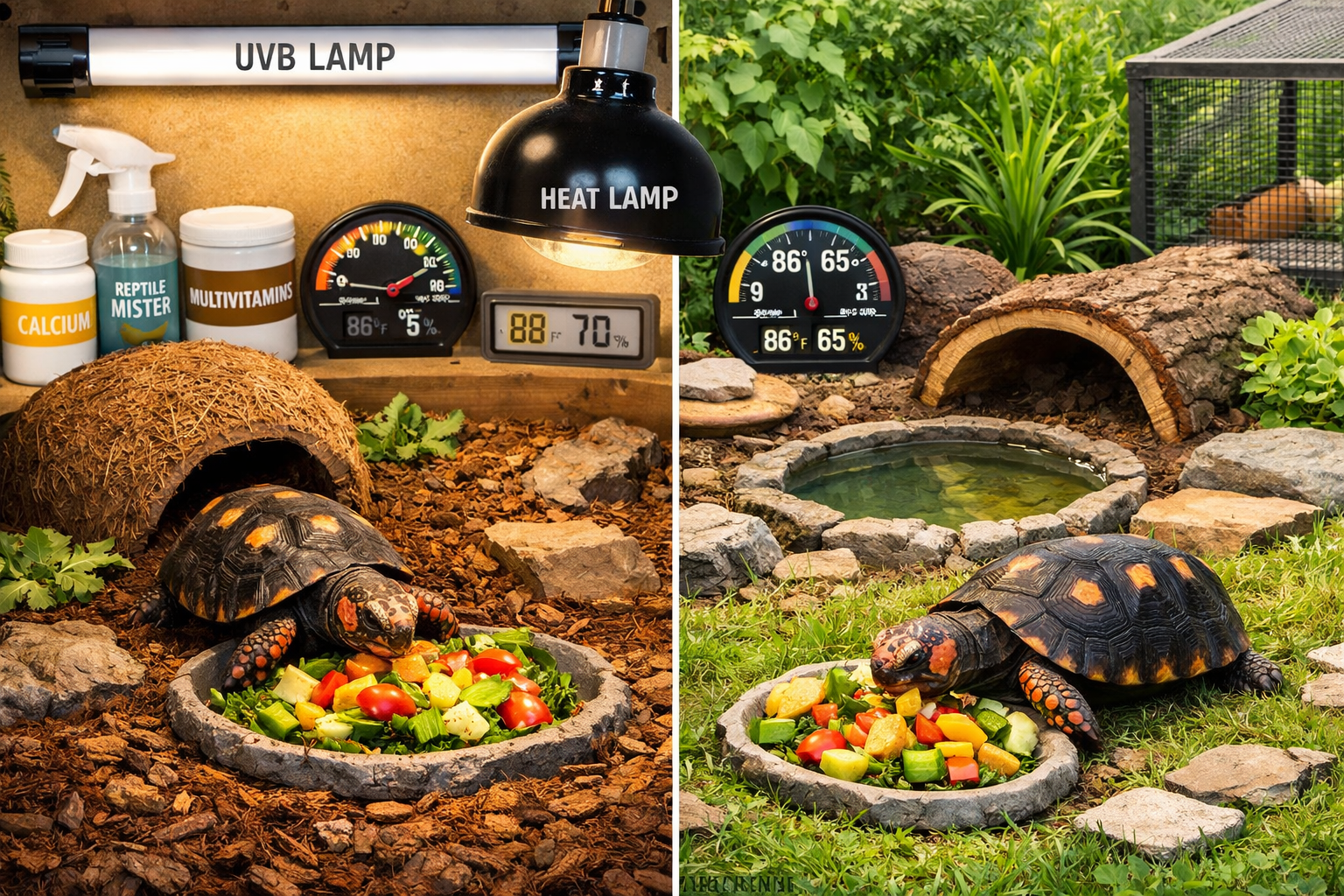 Comprehensive landscape image (1536x1024) depicting cherry head tortoise care setup with indoor and outdoor habitat examples. Split composit