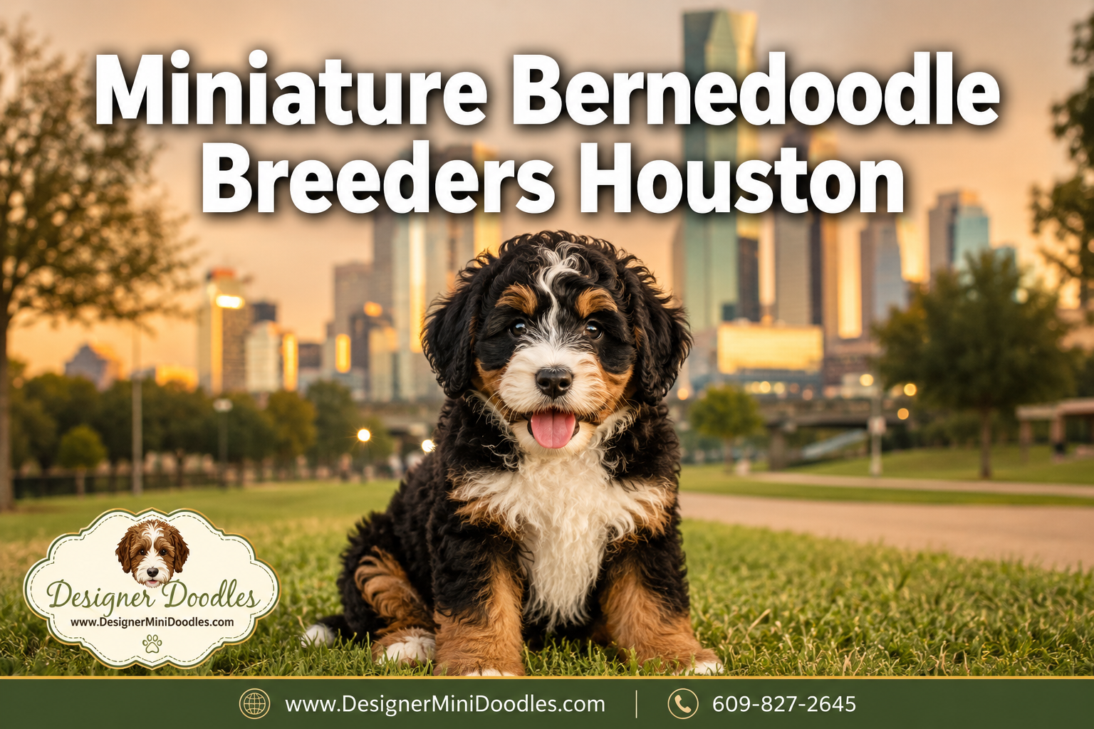 Professional () hero image featuring 'Miniature Bernedoodle Breeders Houston' in extra large white with dark effect,