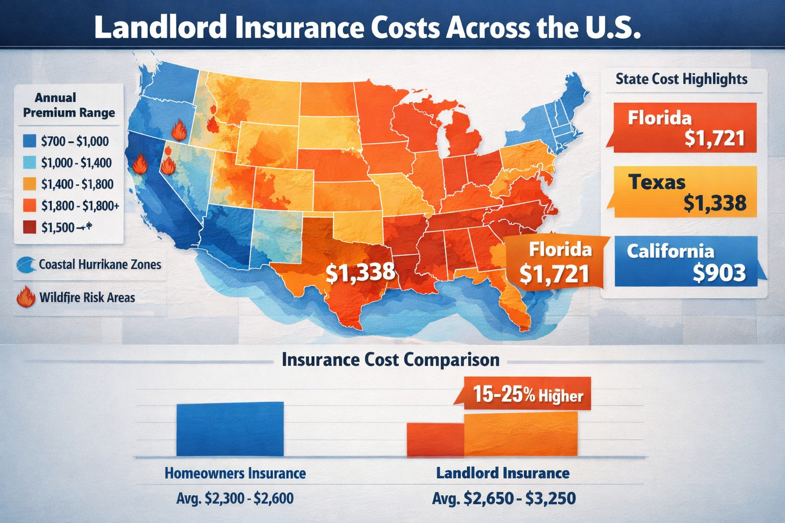 Landscape format (1536x1024) detailed cost comparison infographic showing U.S. map with state-by-state landlord insurance premium ranges. Fl