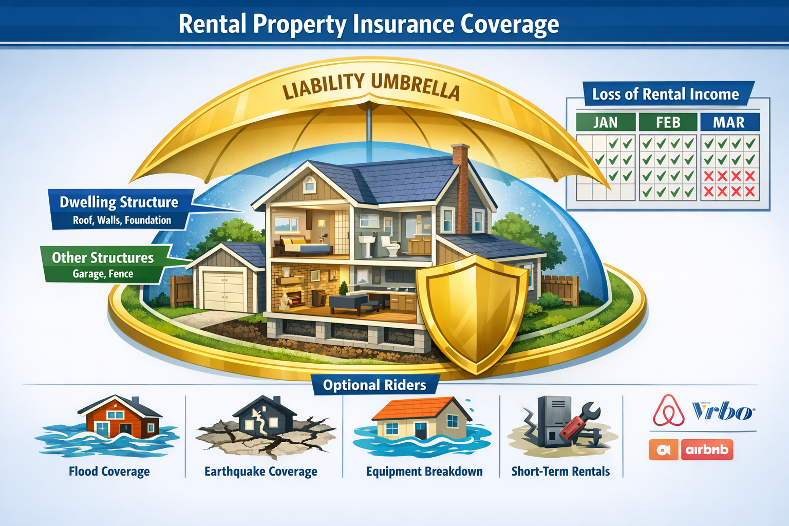 Landscape format (1536x1024) concept illustration of rental property insurance coverage components. Center shows detailed cross-section of i