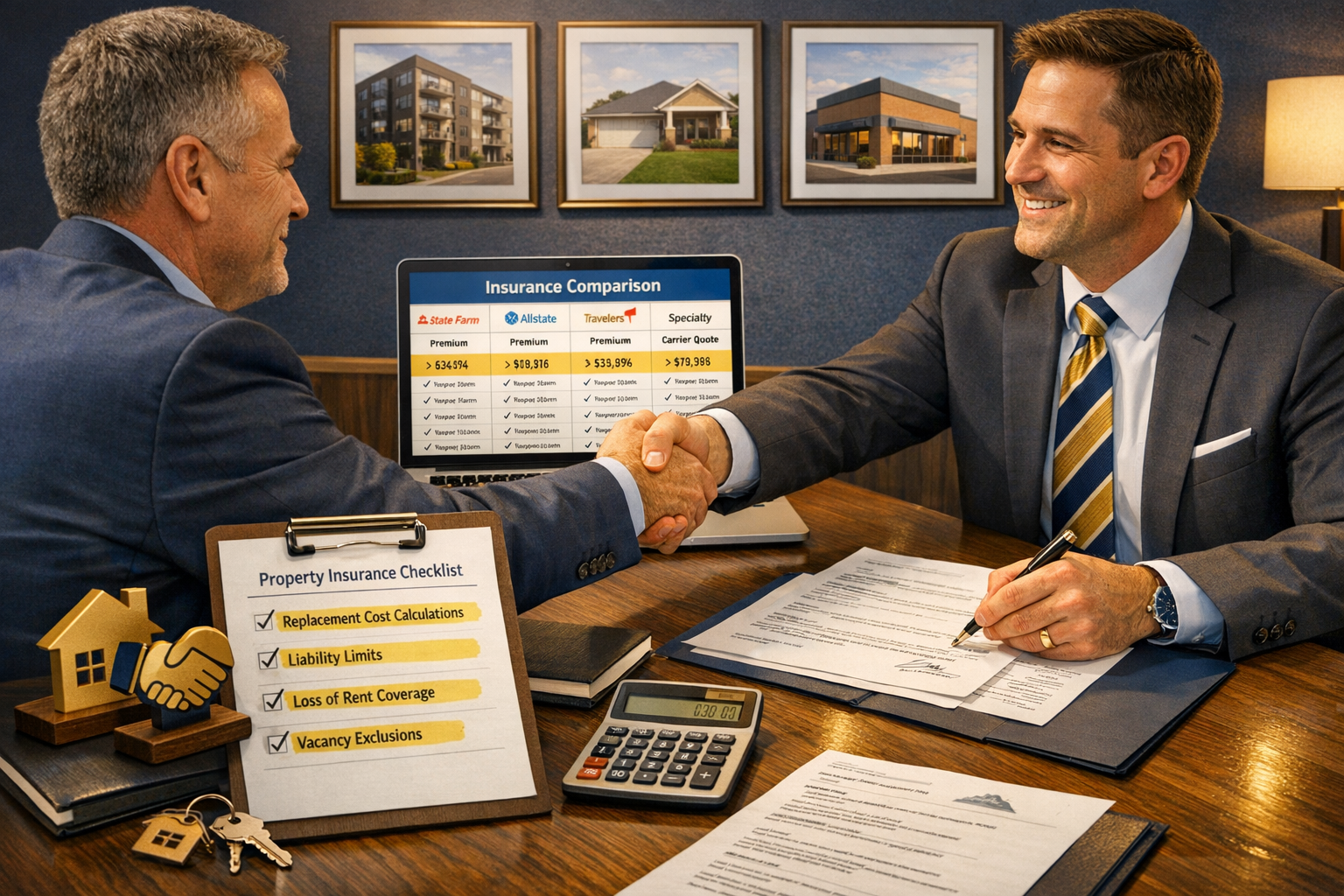 Landscape format (1536x1024) professional scene showing property investor reviewing insurance policies with insurance broker at modern offic