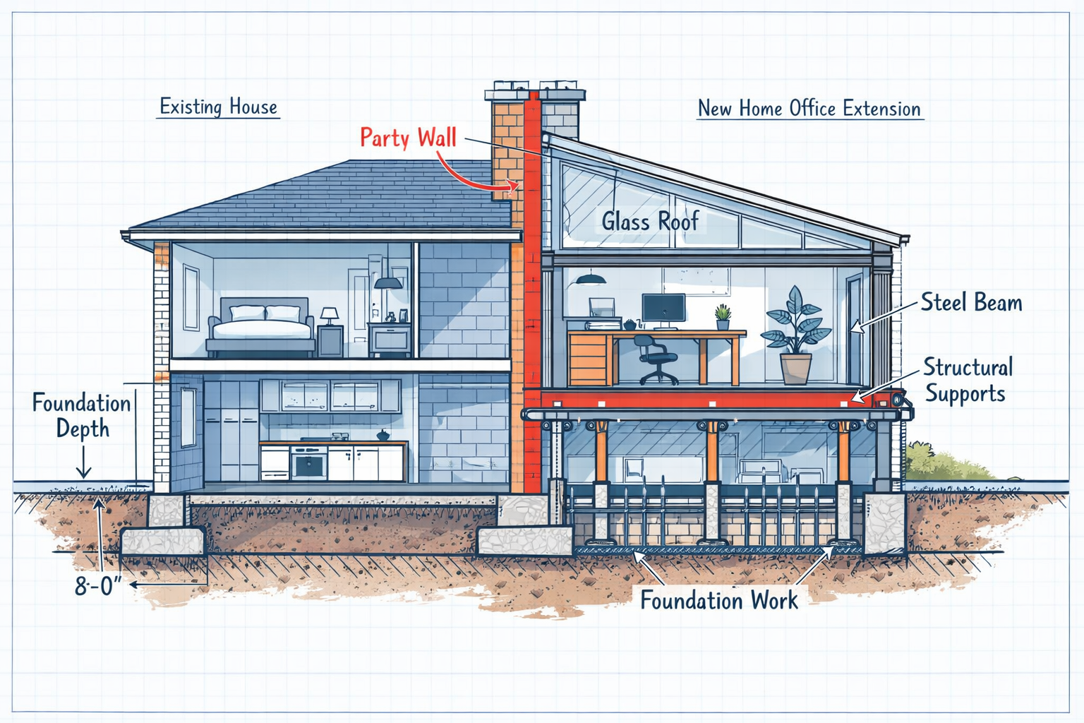 () detailed illustration showing cross-section view of semi-detached houses with shared party wall highlighted in red, one