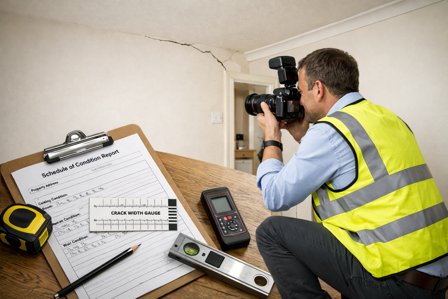 () professional photograph of party wall surveyor conducting schedule of condition inspection in neighbour's property,