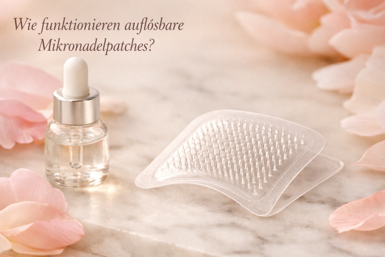 Landschaftsformat () Detailaufnahme eines durchsichtigen auflösbaren Microneedle-Patches auf einer Marmorplatte neben