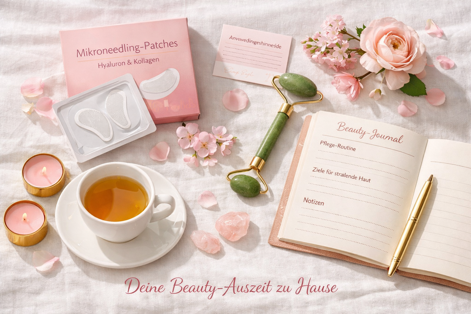 Landschaftsformat () Vogelperspektive eines modernen Selfcare-Flatlay mit Microneedle-Patches in eleganter Verpackung, einem