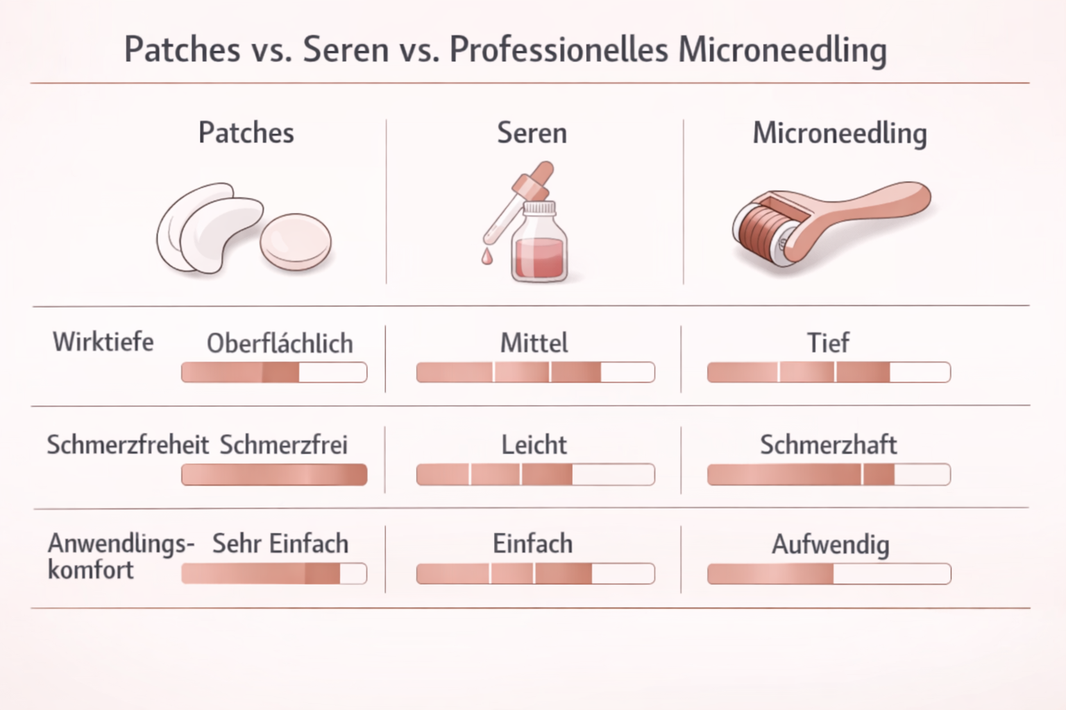Landschaftsformat () Infografik-Stil Vergleichsdarstellung mit deutscher Überschrift 'Patches vs. Seren vs. Professionelles