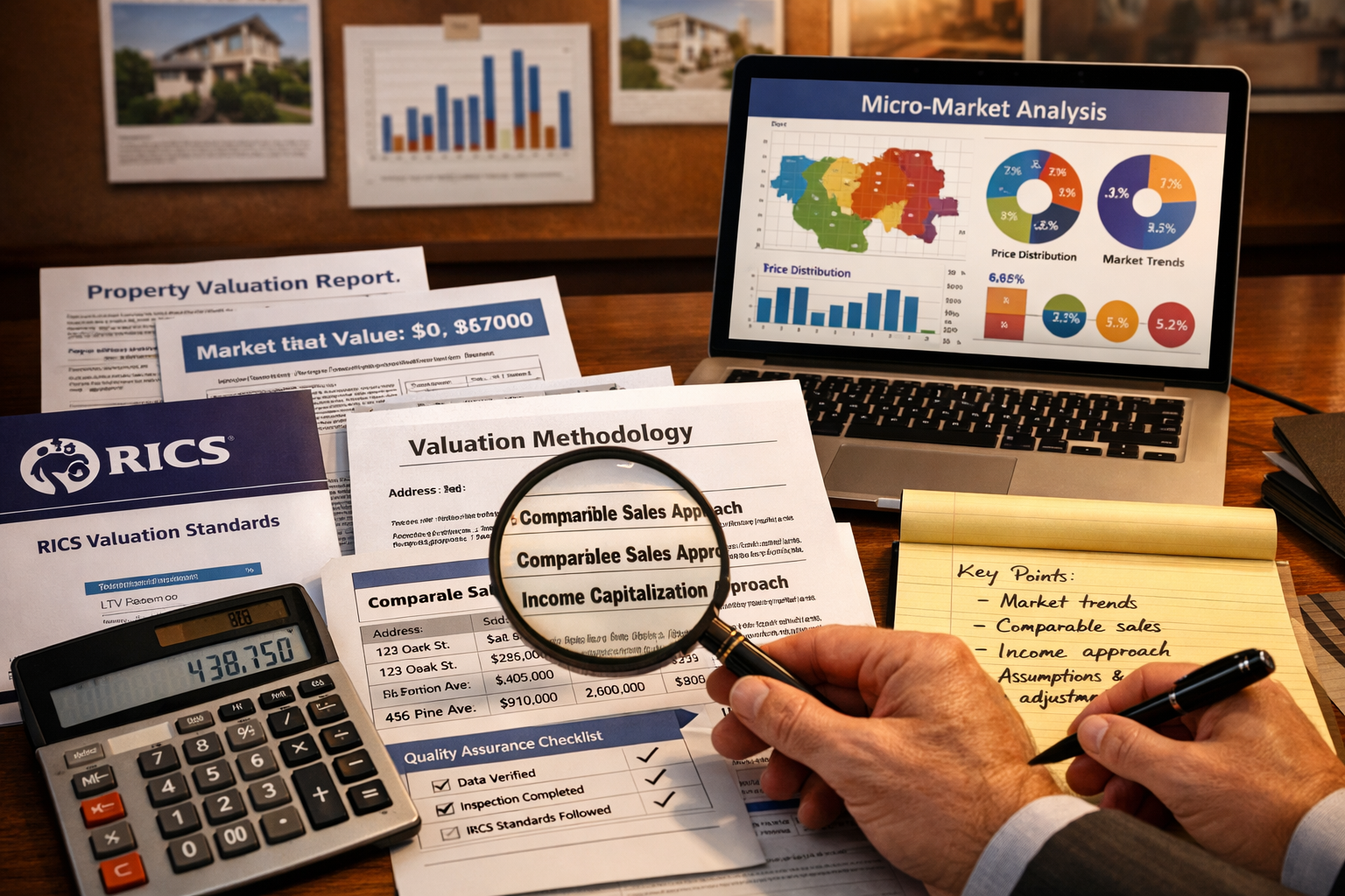 Detailed () image showing close-up of expert witness preparing testimony materials with property valuation reports spread