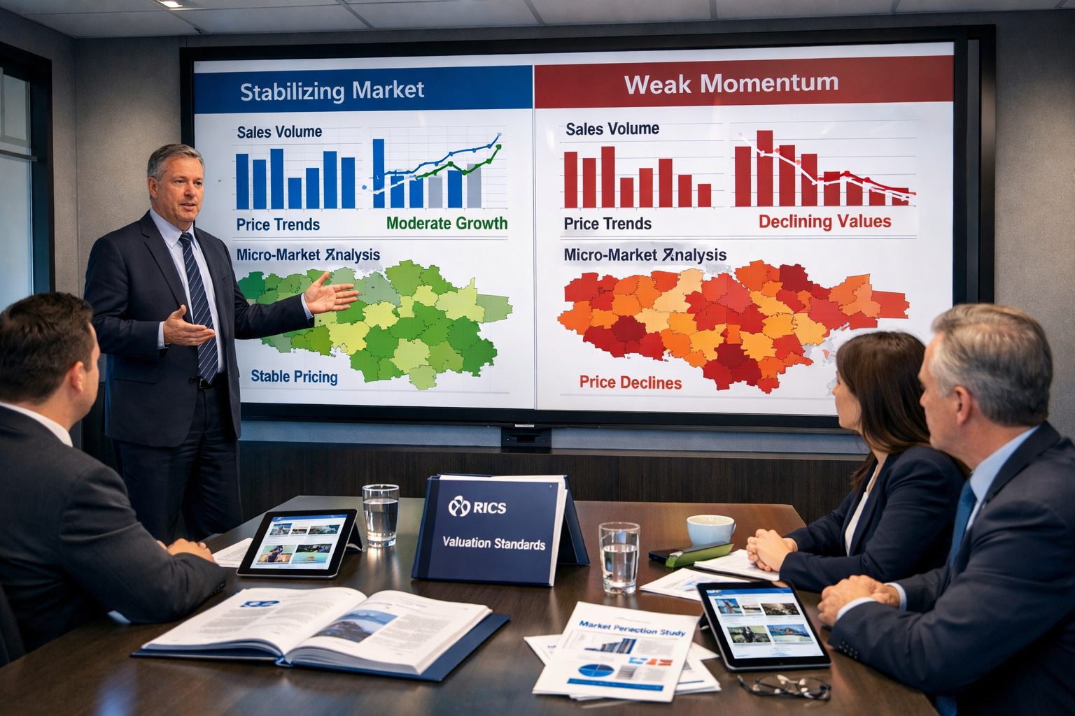 Wide-angle () image depicting modern conference room setting with expert witness presenting valuation evidence to legal