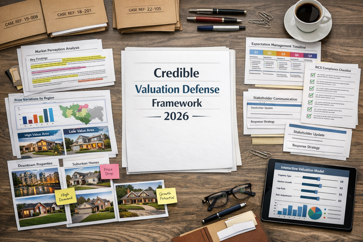 Detailed () image showing overhead view of comprehensive valuation defense strategy workspace. Central focus on large
