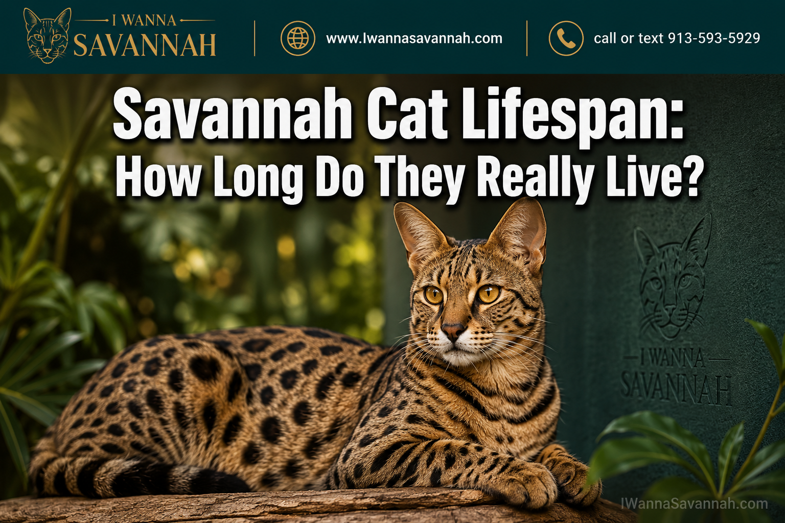 Professional () hero image with : 'Savannah Cat Lifespan: How Long Do They Really Live?' in extra large white with dark drop