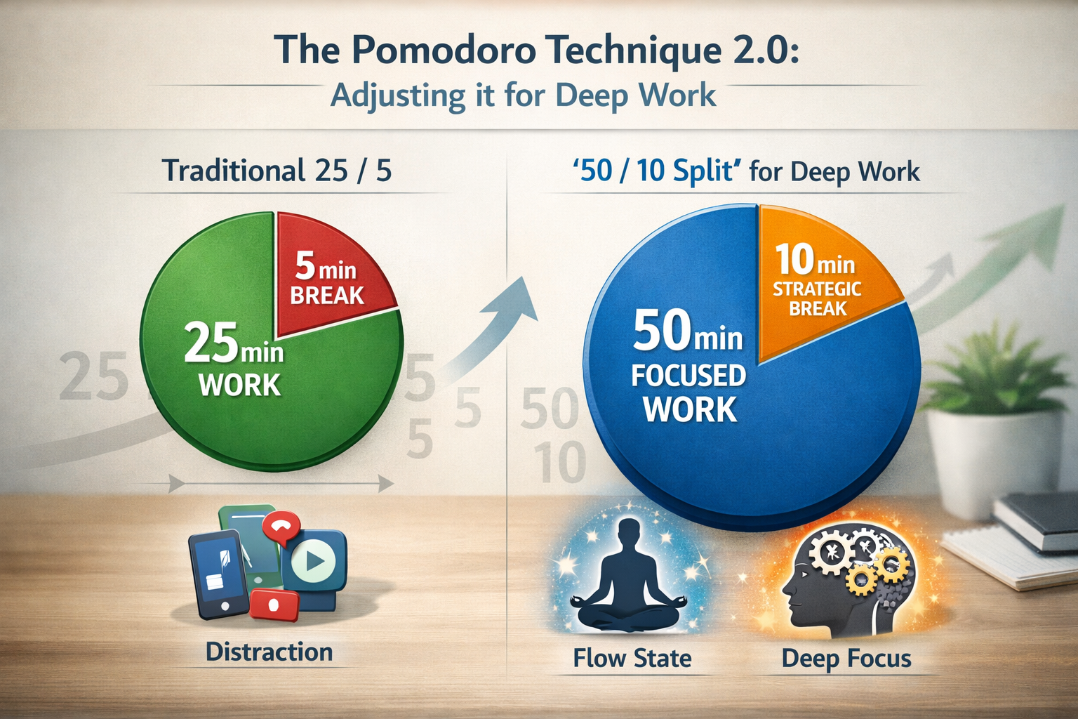 An infographic-style image illustrating the contrast between the traditional 25/5 Pomodoro and the '50/10 split' for deep work. On one side,