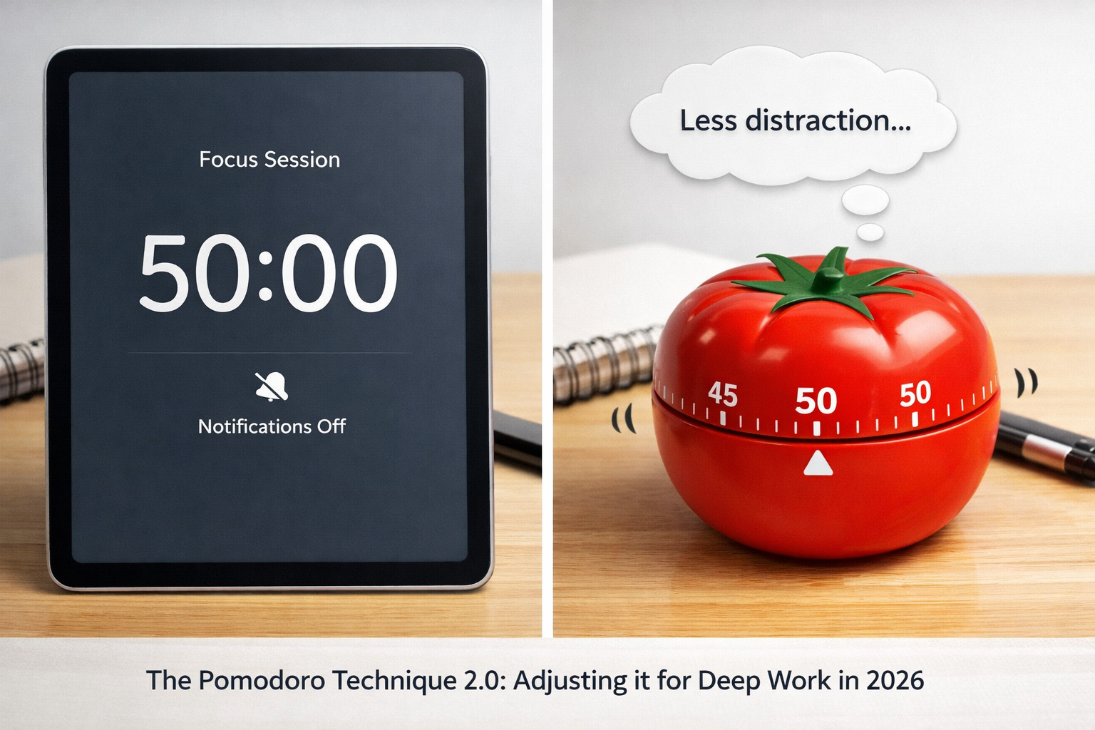 A split-screen image comparing a sleek, minimalist digital Pomodoro app interface on a smartphone or tablet screen on one side, and a classi