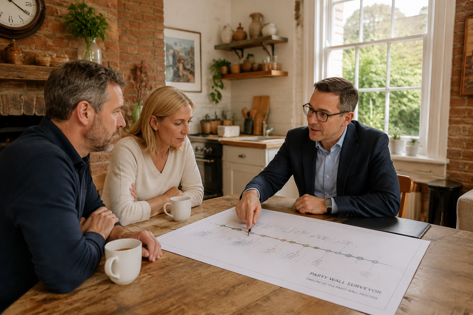 Wide-angle view of a professional party wall surveyor sitting across a kitchen table from two neighbours, pointing to a