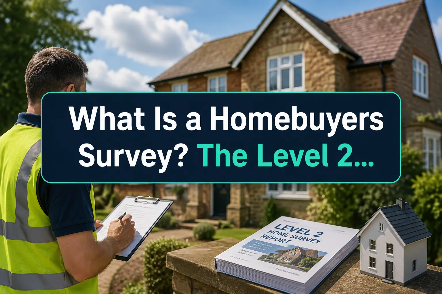 A reading "What Is a Homebuyers Survey? The Level 2…". CRITICAL TYPOGRAPHY RULES: render the text on 1–2 lines, centered,