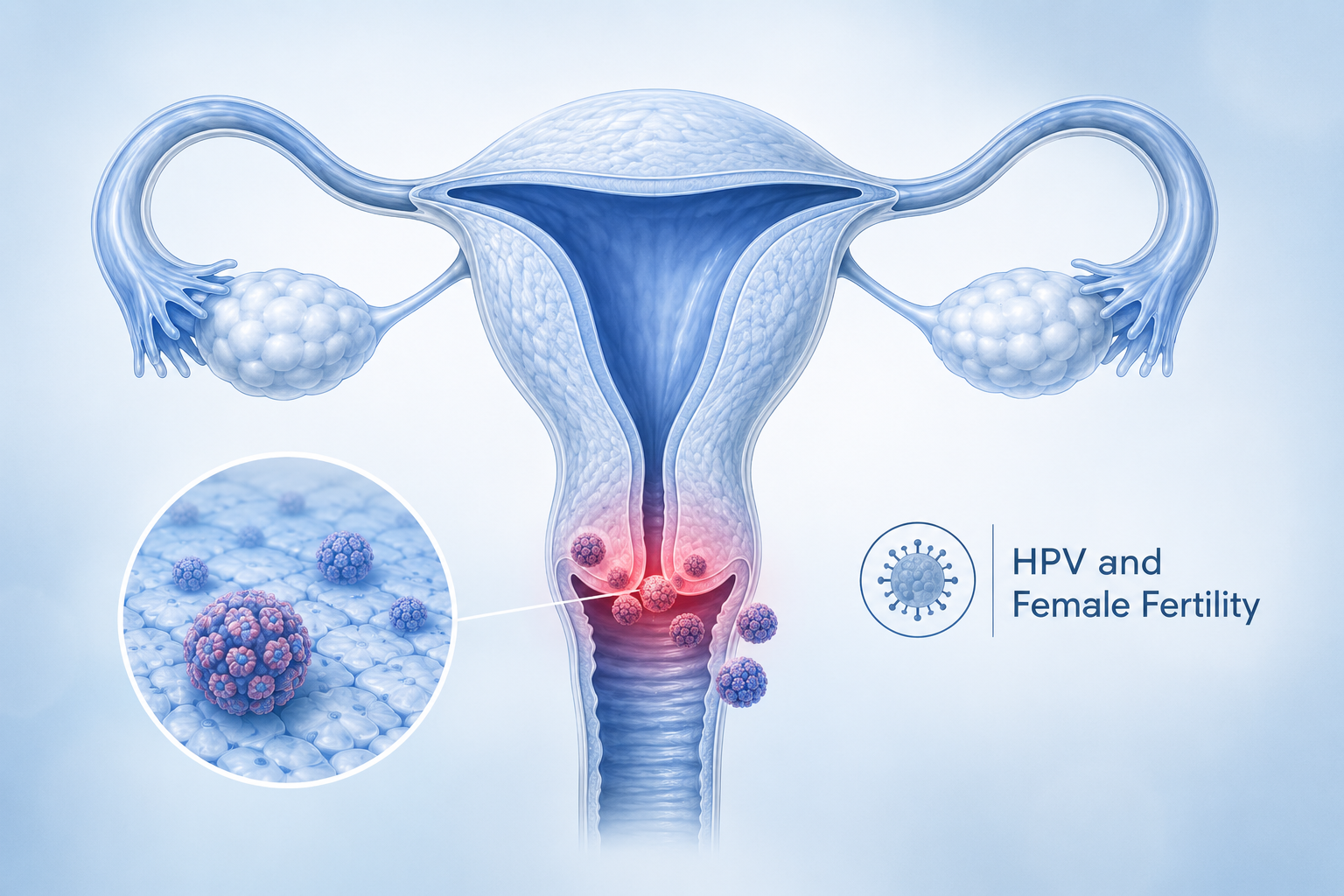 Detailed () medical illustration showing female reproductive anatomy — uterus, cervix, fallopian tubes — rendered in clean