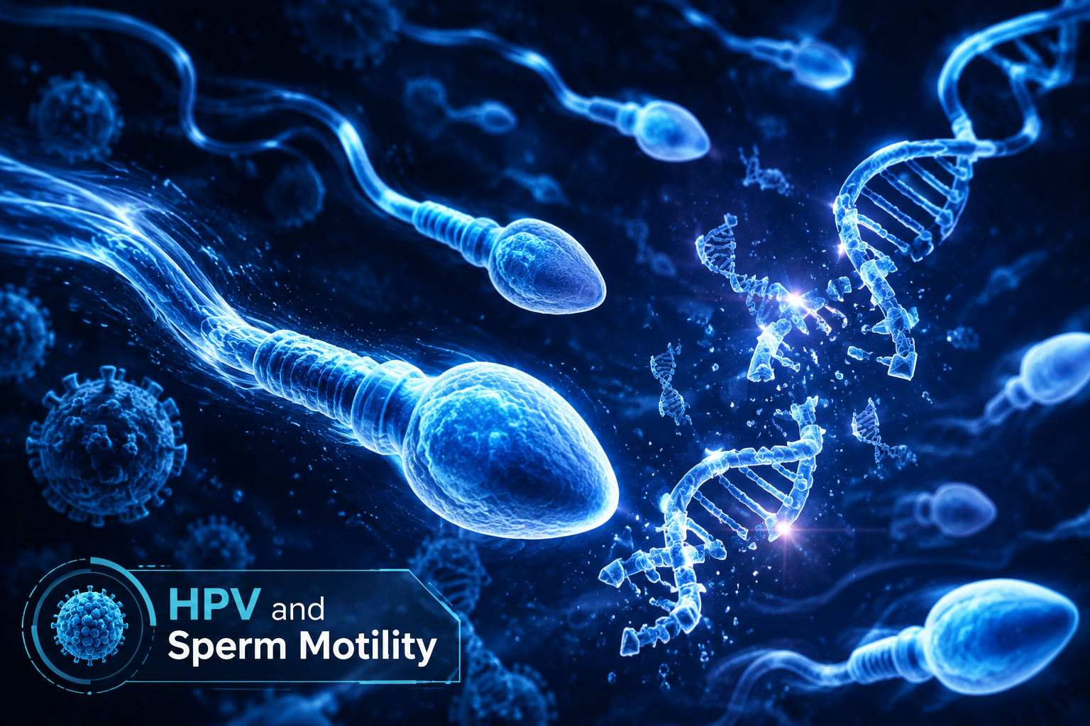 Detailed () close-up microscopic-style illustration of sperm cells in motion, rendered in deep navy blue with glowing white