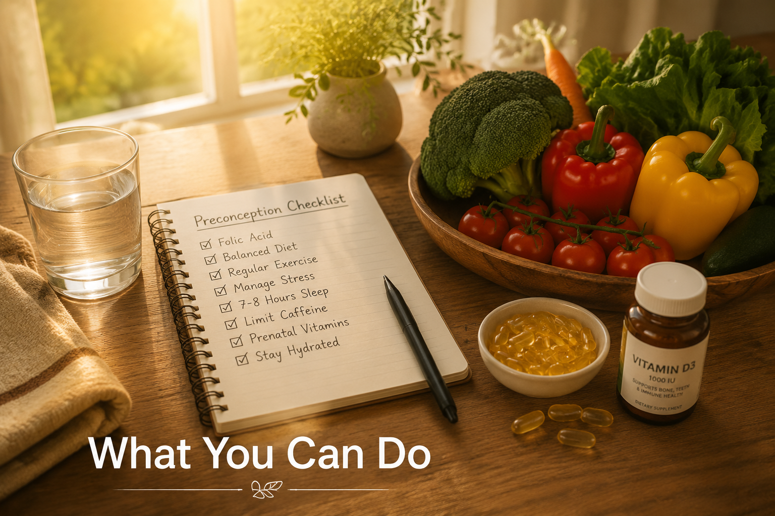 Detailed () flat-lay lifestyle photograph of a wooden table with a glass of water, a small notebook with handwritten