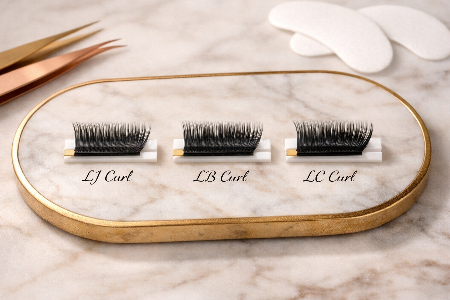 Querformat () Detailaufnahme verschiedener Wimpern-Curl-Typen LJ LB und LC nebeneinander auf einem eleganten Marmortablett
