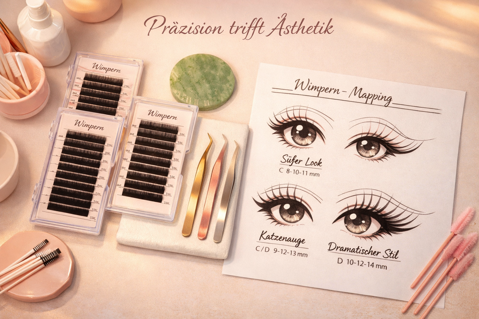 Querformat () Vogelperspektive auf einen modernen Lash-Artist-Arbeitsplatz mit geordneten Wimpern-Paletten, Jade-Stein,