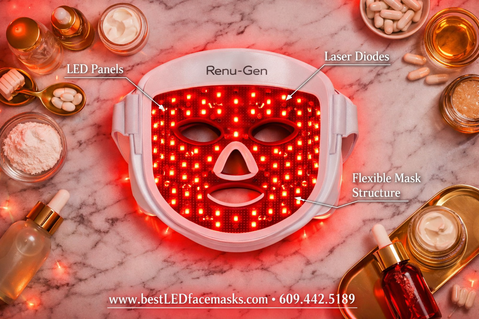 () detailed product flat-lay photograph showing the Renu-Gen LED red light therapy face mask centered on a white marble