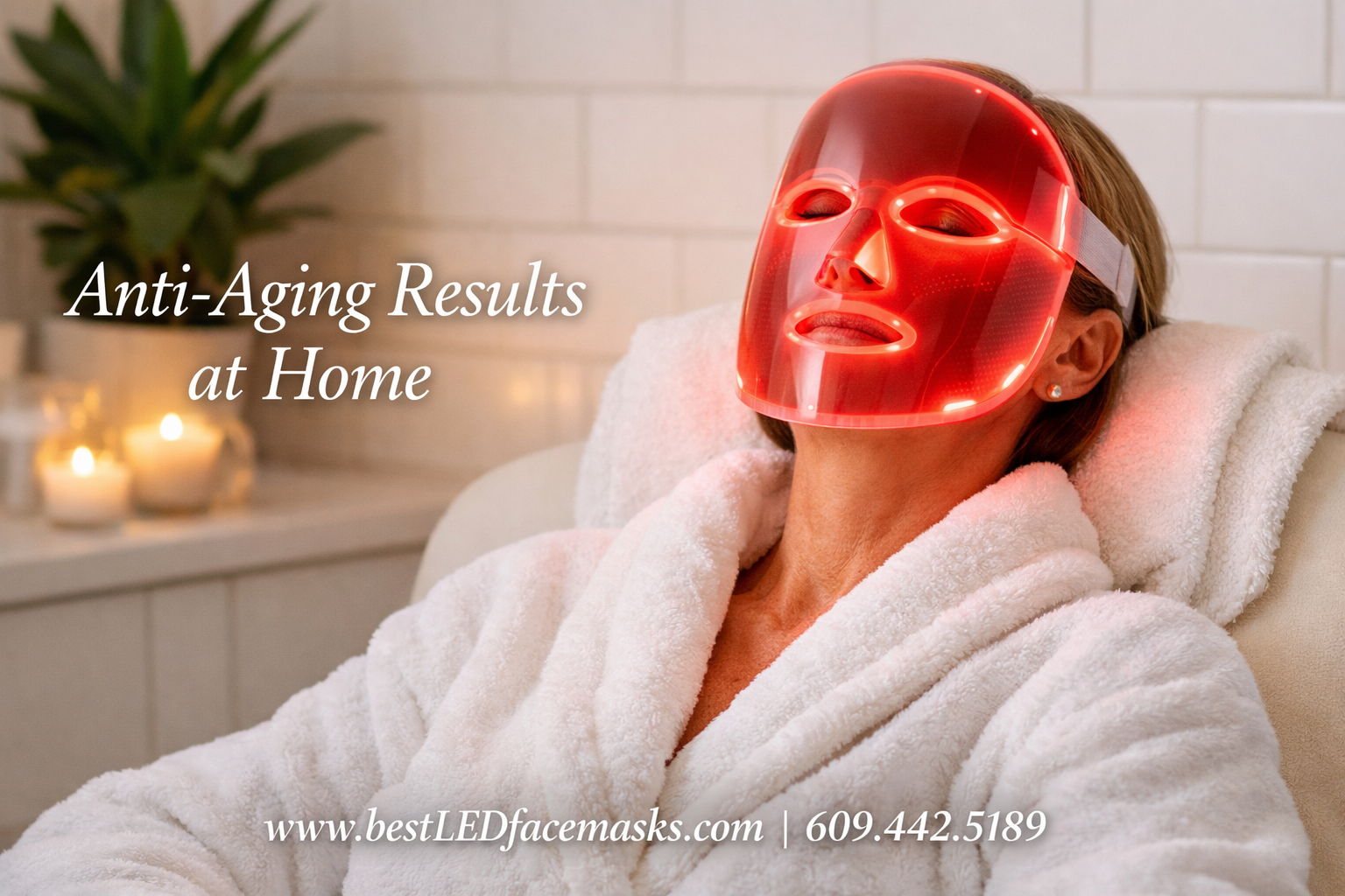 () lifestyle editorial photograph showing a woman in her 40s relaxing in a bright, soft red light glowing through the mask