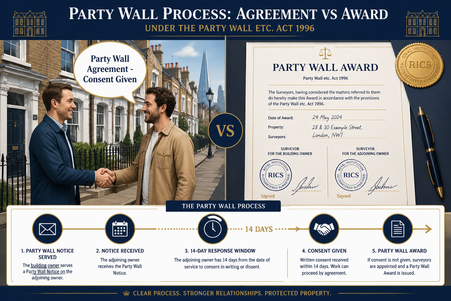 Detailed () editorial illustration showing a side-by-side comparison diagram: on the left, two neighbors shaking hands
