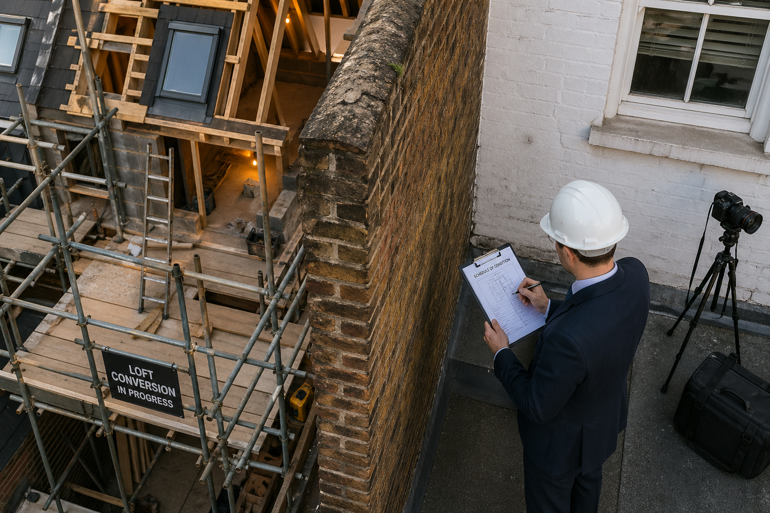 () overhead aerial-style editorial image showing a construction scene at a party wall between two properties: one side has
