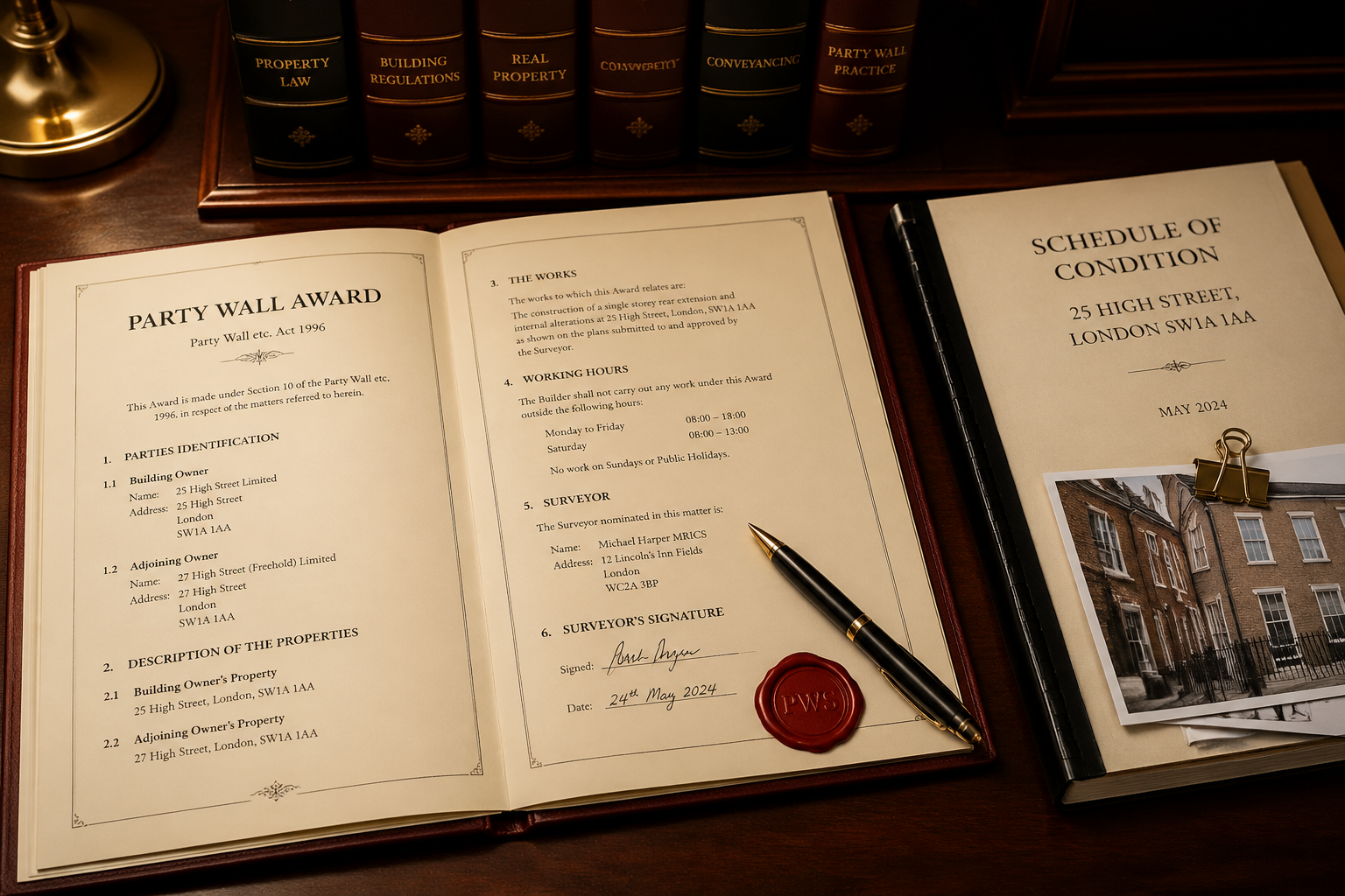 () close-up editorial image of a professional party wall surveyor's desk with a formal Party Wall Award document spread
