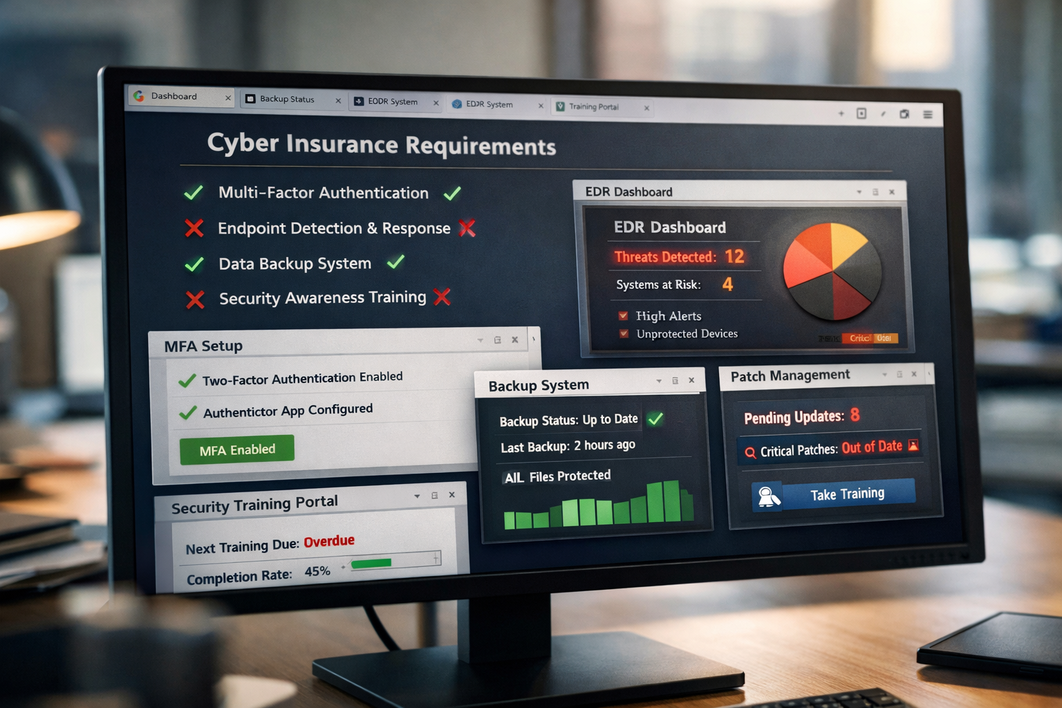 Close-up landscape shot () of computer screen displaying cyber insurance requirements checklist with green checkmarks and