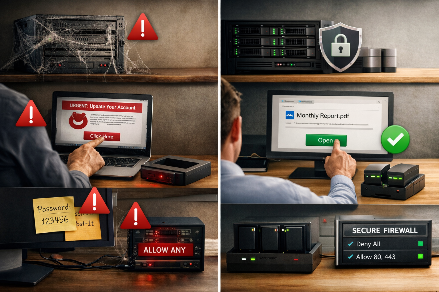 () conceptual illustration showing common SMB cybersecurity failures: outdated server with cobwebs, employee clicking