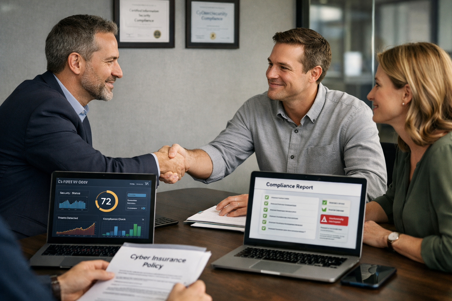 Professional landscape shot () of IT consultation meeting with managed service provider and small business team reviewing
