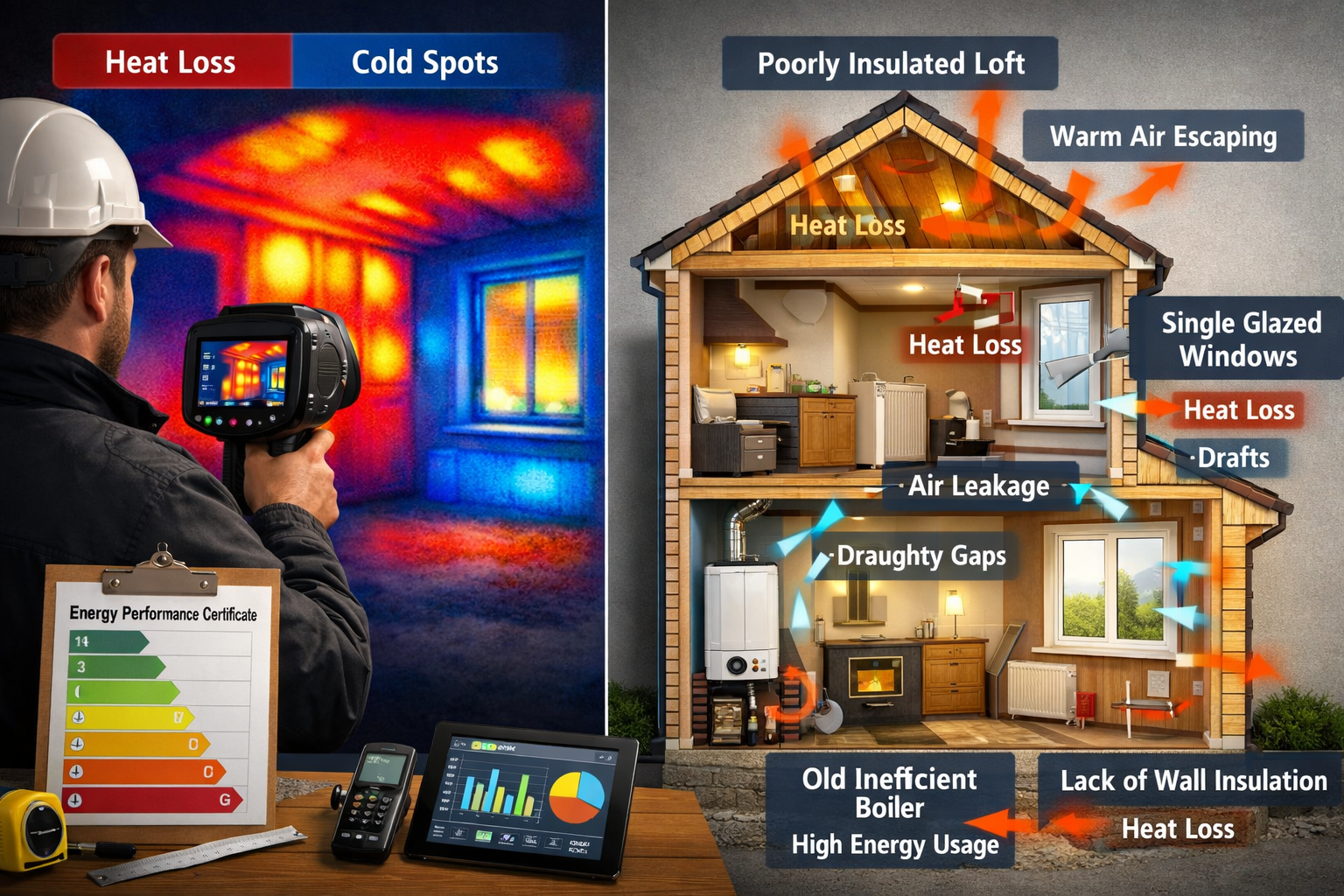 Detailed landscape format (1536x1024) image showing professional energy surveyor conducting comprehensive property assessment with modern th