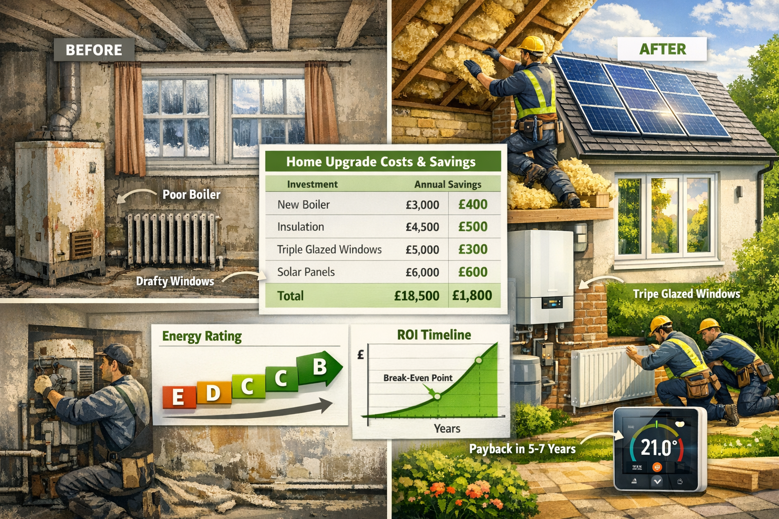 Detailed landscape format (1536x1024) image depicting modern home retrofit improvements with before-and-after comparison layout. Left side s