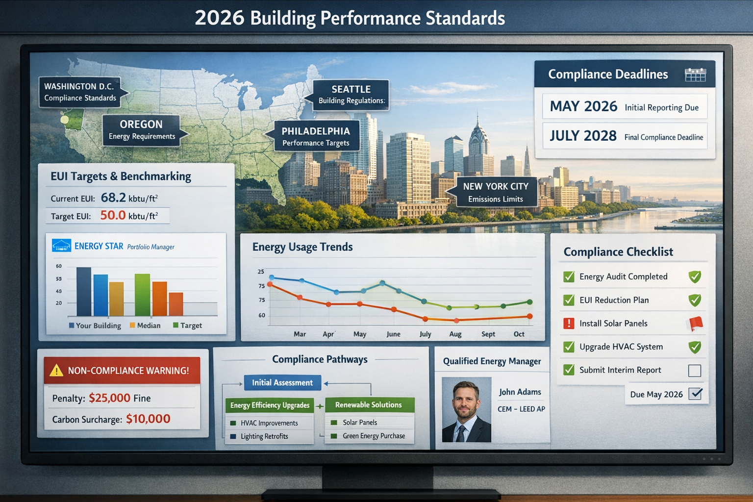 Detailed landscape format (1536x1024) image showing comprehensive regulatory compliance dashboard for 2026 building performance standards. C