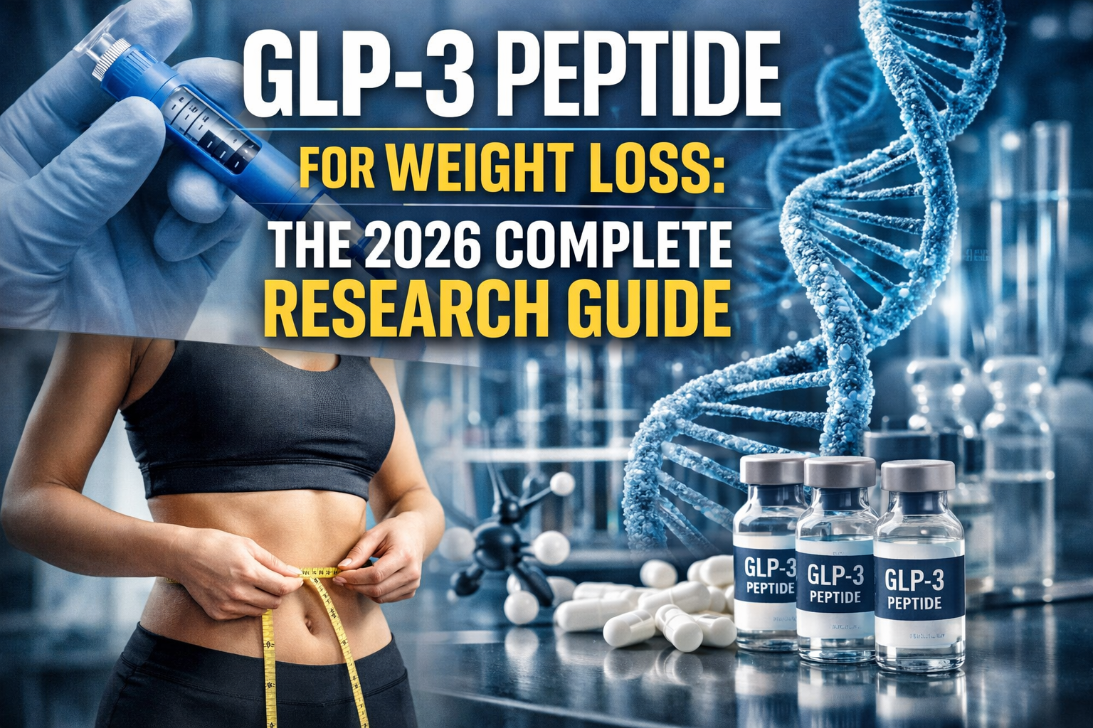 Professional hero image with bold text overlay: "GLP-3 Peptide for Weight Loss: The 2026 Complete Research Guide". Modern design, high contr