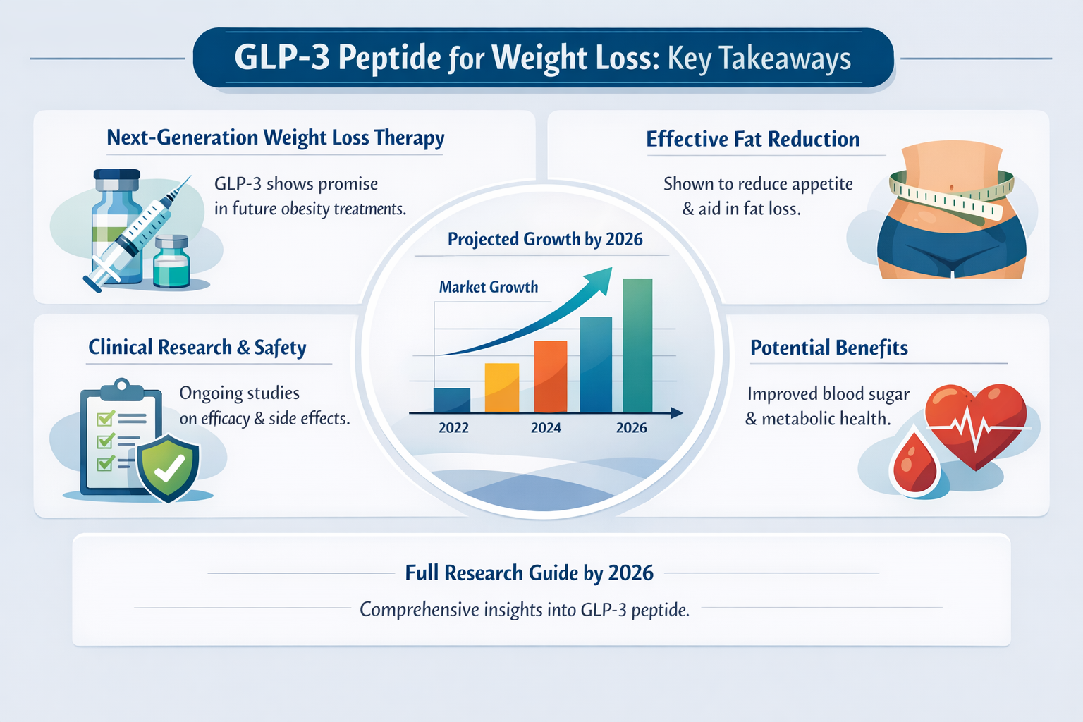 Professional infographic for article "GLP-3 Peptide for Weight Loss: The 2026 Complete Research Guide", section: "Key Takeaways". Include re