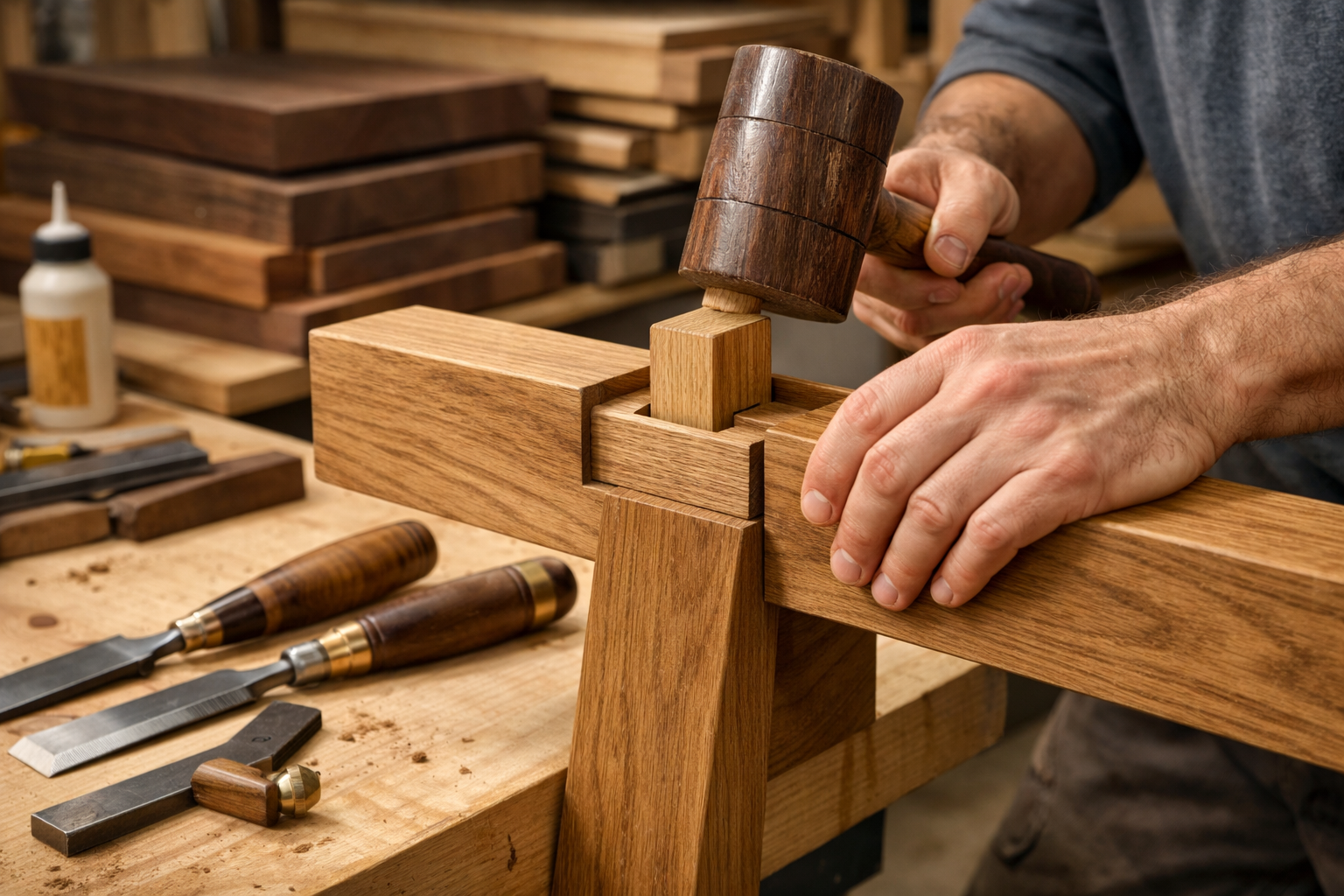 A detailed workshop scene showing a craftsman meticulously assembling a wooden bench using advanced joinery. Focus on a close-up of a perfec