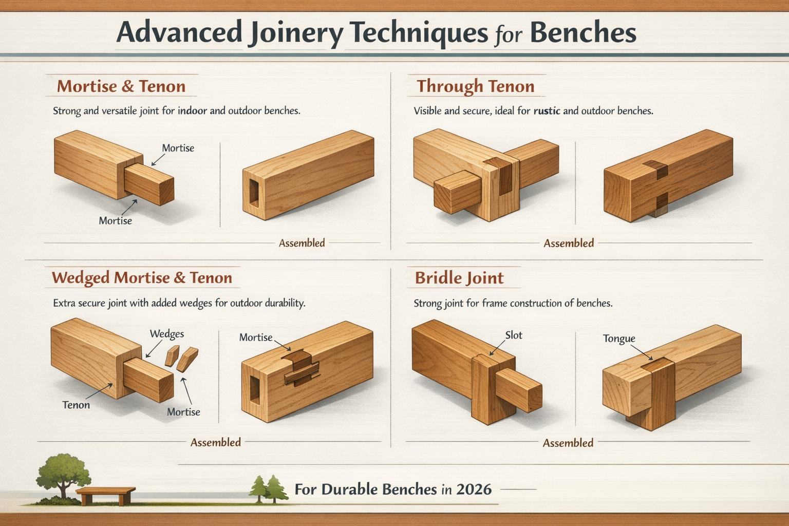 An infographic illustrating different advanced joinery techniques for wooden benches. This includes clear, labeled diagrams of mortise and t