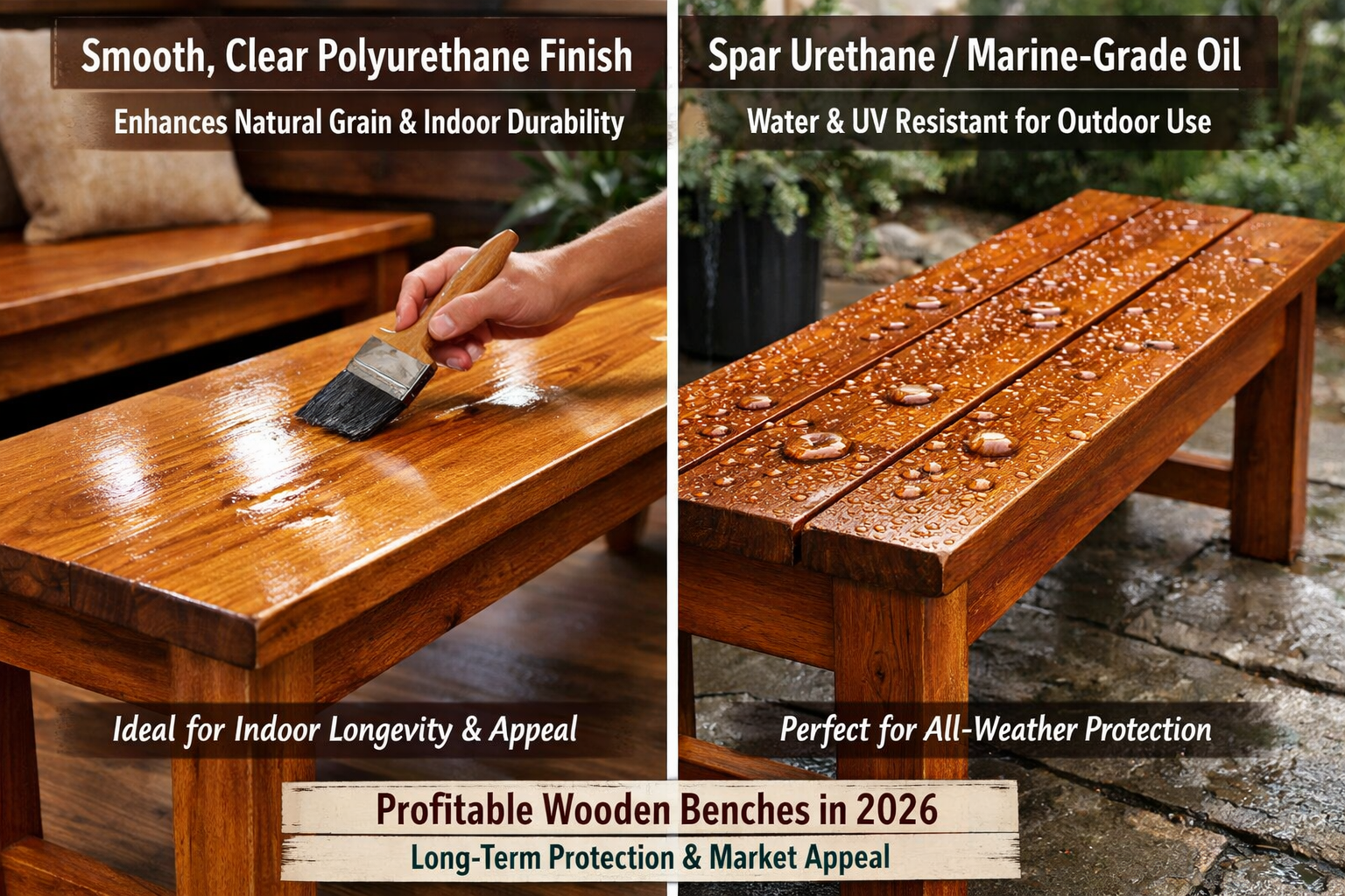 A split-screen visual demonstrating finishing techniques for wooden benches. One side shows an indoor bench being treated with a smooth, cle