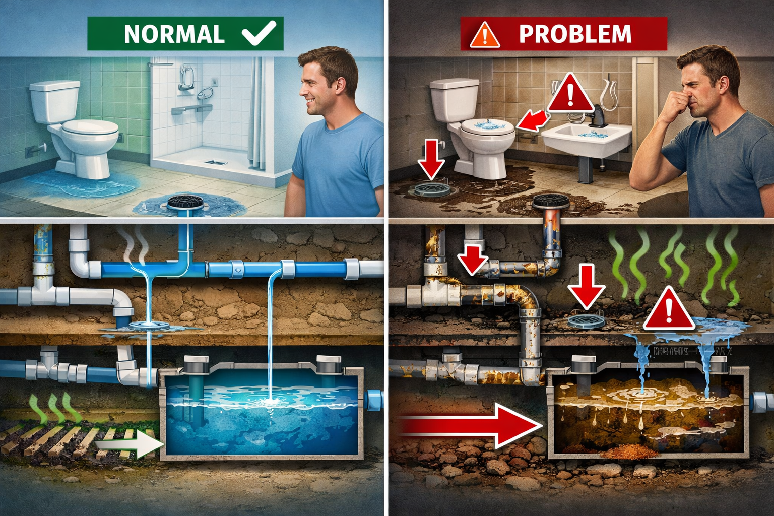 Detailed landscape format (1536x1024) image showing warning signs of septic backup inside home - water pooling around floor drains, gurgling