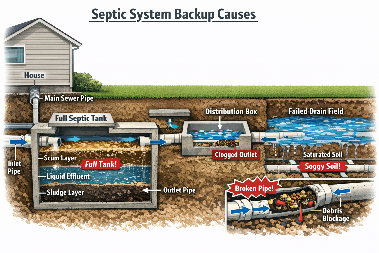 Professional cutaway illustration (1536x1024) of septic tank system showing common causes of backup - full septic tank with waste levels, cl