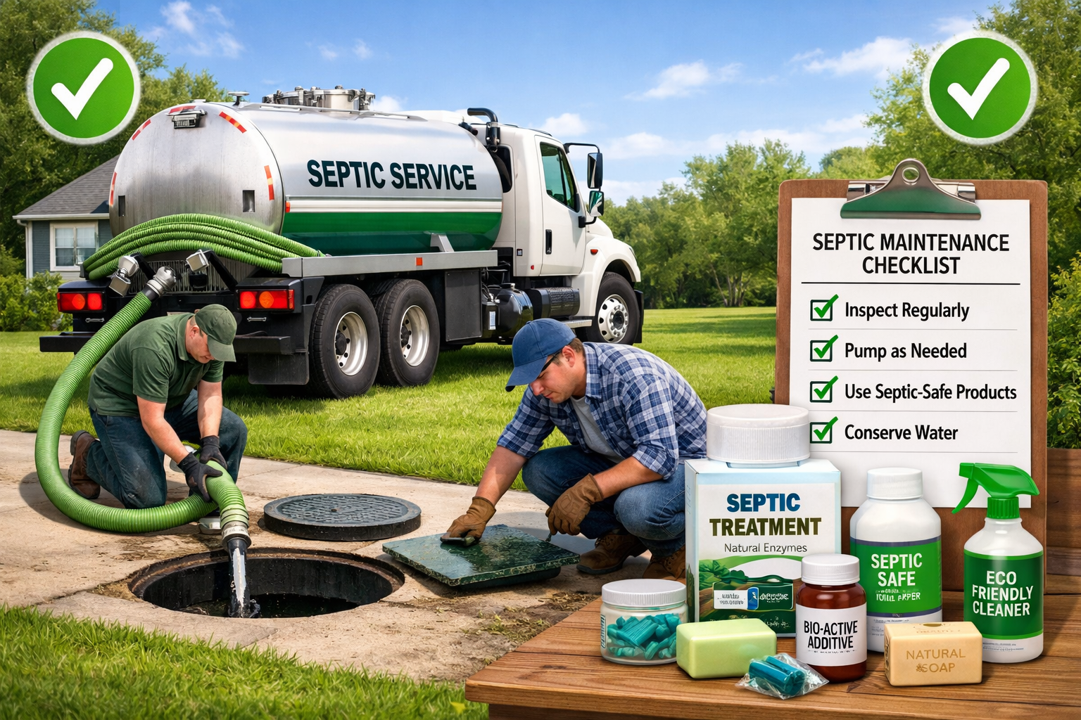 Clean landscape format (1536x1024) image showing septic system maintenance activities - professional pumping truck servicing septic tank, ho